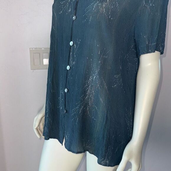 Vintage 90’s Green Whimsical Earth Print Oversized Silk Short Sleeve Button Down - Picture 13 of 14